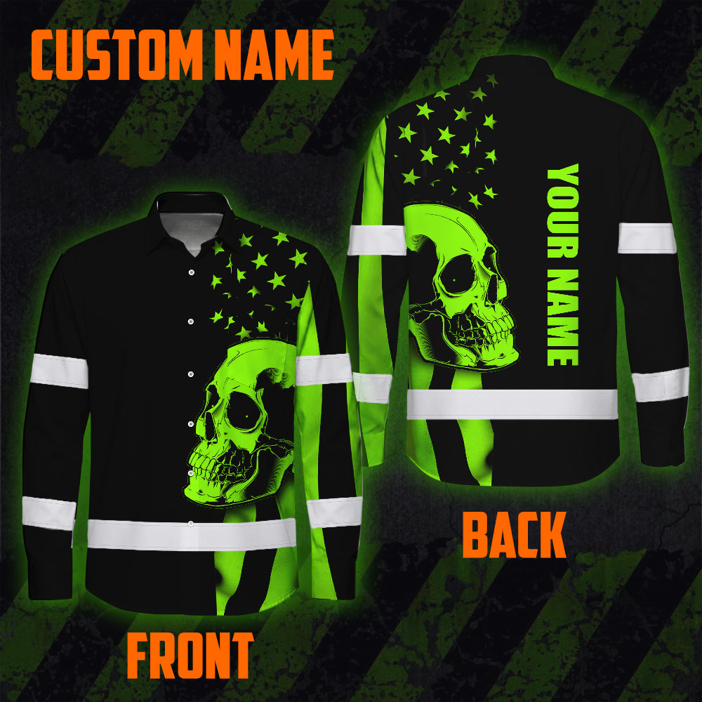 Hi Vis Hawaiian Long Sleeve Shirt Skull USA Flag Orange Reflective High Visibility Custom Name Safety Workwear 53