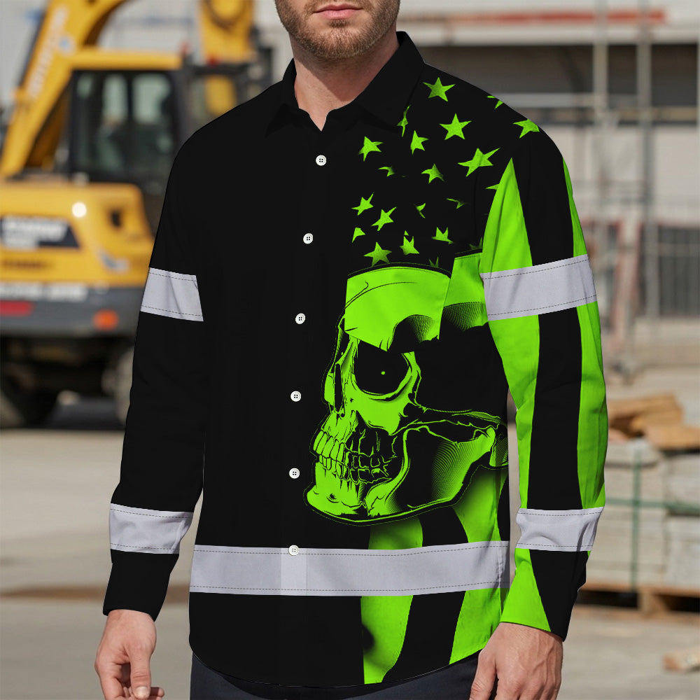 Hi Vis Hawaiian Long Sleeve Shirt Skull USA Flag Orange Reflective High Visibility Custom Name Safety Workwear 53