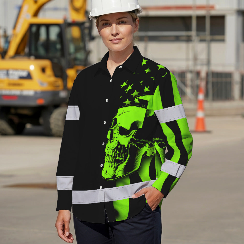 Hi Vis Hawaiian Long Sleeve Shirt Skull USA Flag Orange Reflective High Visibility Custom Name Safety Workwear 53
