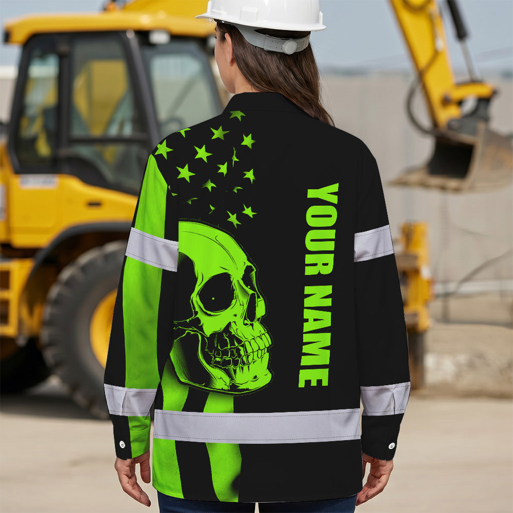 Hi Vis Hawaiian Long Sleeve Shirt Skull USA Flag Orange Reflective High Visibility Custom Name Safety Workwear 53