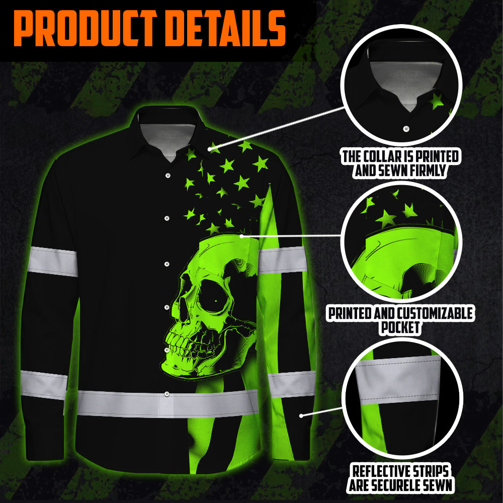 Hi Vis Hawaiian Long Sleeve Shirt Skull USA Flag Orange Reflective High Visibility Custom Name Safety Workwear 53