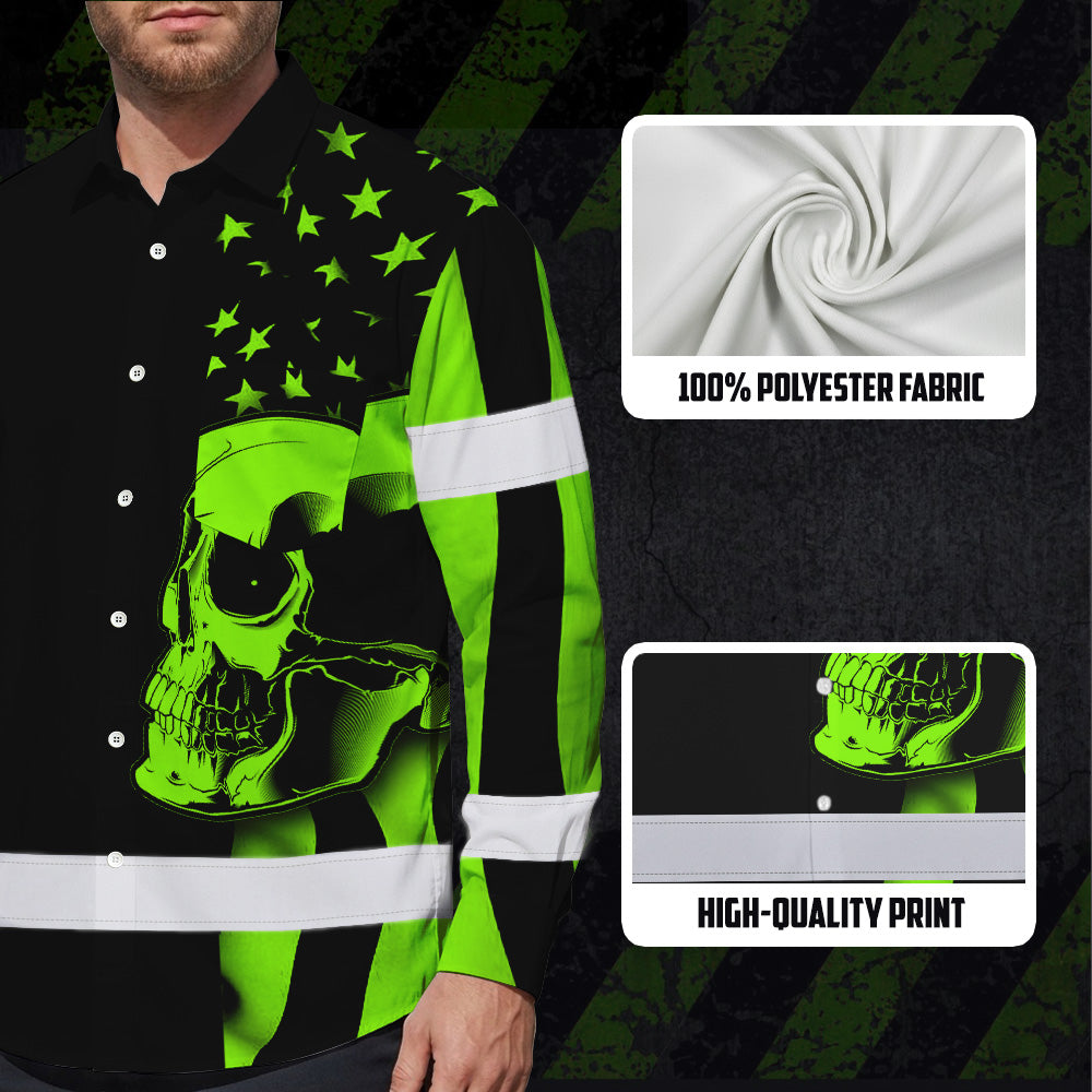 Hi Vis Hawaiian Long Sleeve Shirt Skull USA Flag Orange Reflective High Visibility Custom Name Safety Workwear 53