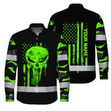 Hi Vis Hawaiian Long Sleeve Shirt Reflective US Flag Camo Skull Custom Name Safety Workwear For Runners, Truckers, Skull Lovers