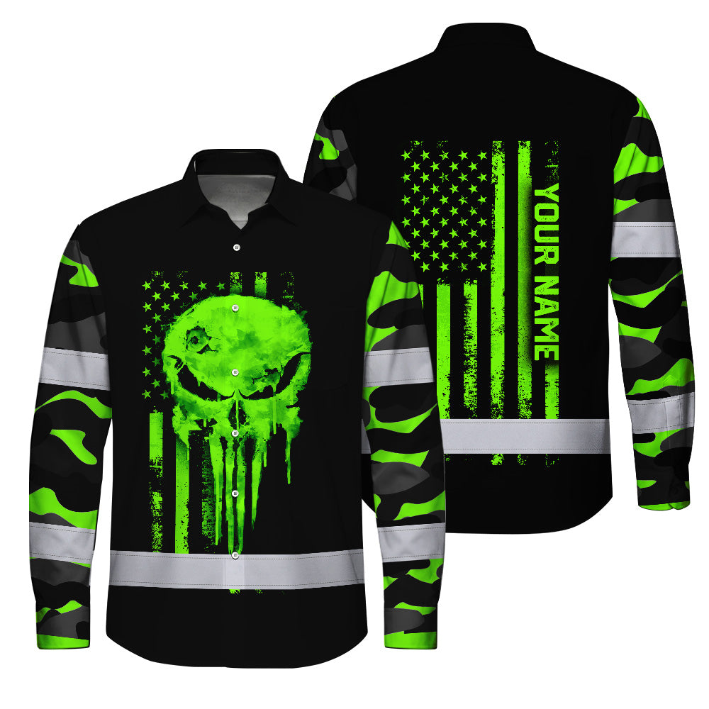 Hi Vis Hawaiian Long Sleeve Shirt Reflective US Flag Camo Skull Custom Name Safety Workwear For Runners, Truckers, Skull Lovers
