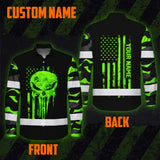 Hi Vis Hawaiian Long Sleeve Shirt Reflective US Flag Camo Skull Custom Name Safety Workwear For Runners, Truckers, Skull Lovers