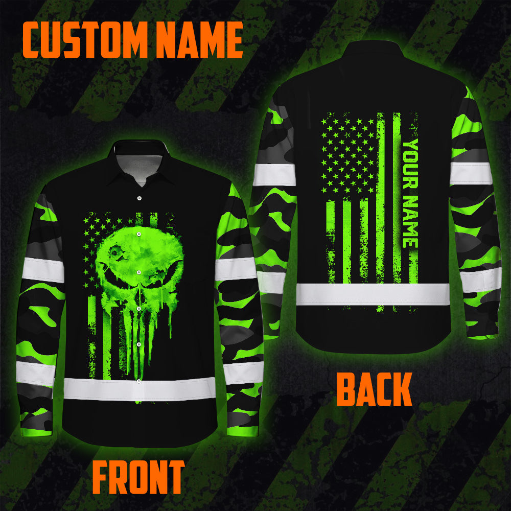 Hi Vis Hawaiian Long Sleeve Shirt Reflective US Flag Camo Skull Custom Name Safety Workwear For Runners, Truckers, Skull Lovers