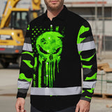 Hi Vis Hawaiian Long Sleeve Shirt Reflective US Flag Camo Skull Custom Name Safety Workwear For Runners, Truckers, Skull Lovers