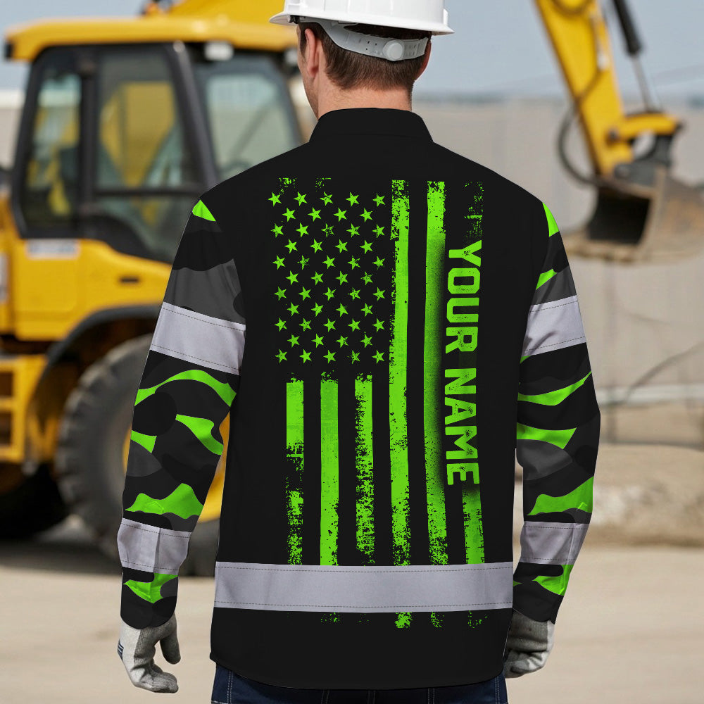 Hi Vis Hawaiian Long Sleeve Shirt Reflective US Flag Camo Skull Custom Name Safety Workwear For Runners, Truckers, Skull Lovers