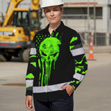 Hi Vis Hawaiian Long Sleeve Shirt Reflective US Flag Camo Skull Custom Name Safety Workwear For Runners, Truckers, Skull Lovers
