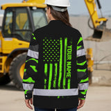 Hi Vis Hawaiian Long Sleeve Shirt Reflective US Flag Camo Skull Custom Name Safety Workwear For Runners, Truckers, Skull Lovers