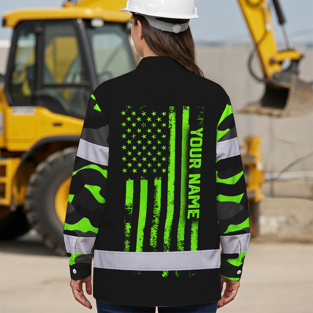 Hi Vis Hawaiian Long Sleeve Shirt Reflective US Flag Camo Skull Custom Name Safety Workwear For Runners, Truckers, Skull Lovers