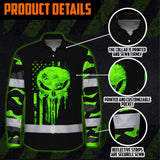 Hi Vis Hawaiian Long Sleeve Shirt Reflective US Flag Camo Skull Custom Name Safety Workwear For Runners, Truckers, Skull Lovers