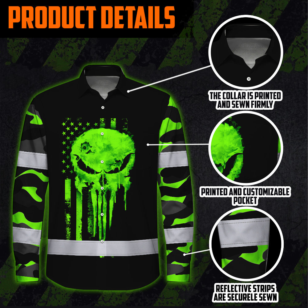 Hi Vis Hawaiian Long Sleeve Shirt Reflective US Flag Camo Skull Custom Name Safety Workwear For Runners, Truckers, Skull Lovers