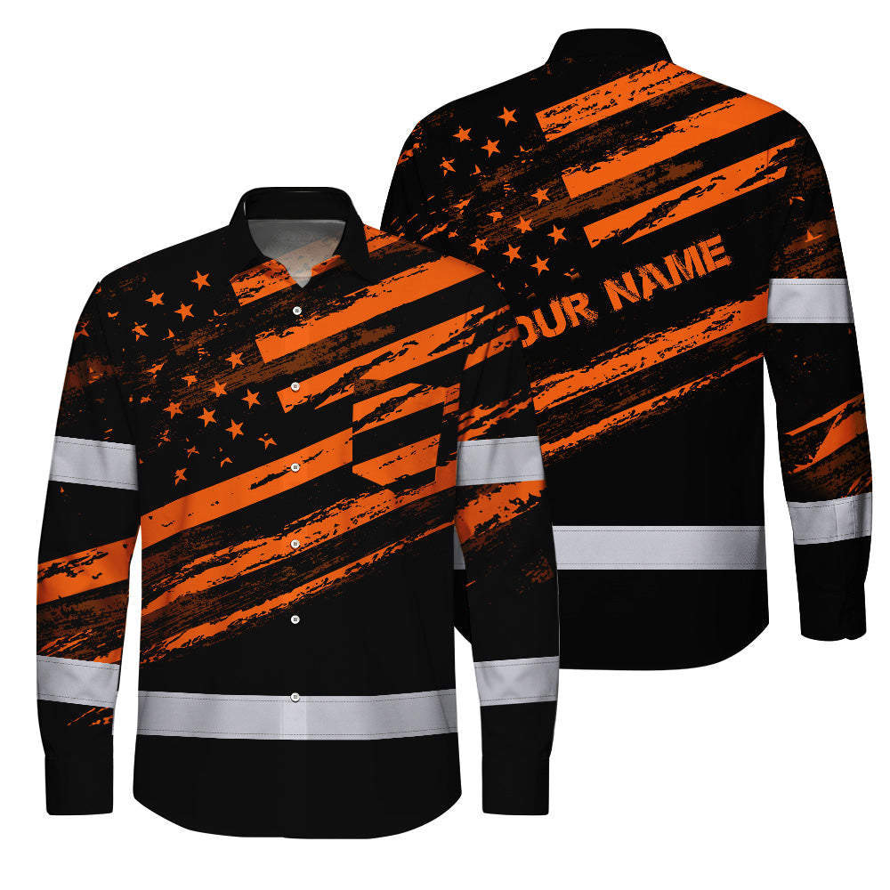 Hi Vis Hawaiian Long Sleeve Shirt Reflective Orange American Flag Custom Name Safety Workwear For Workers, Truckers, Operators