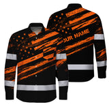 Hi Vis Hawaiian Long Sleeve Shirt Reflective Orange American Flag Custom Name Safety Workwear For Workers, Truckers, Operators