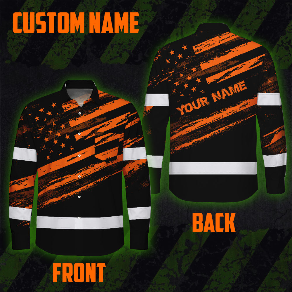 Hi Vis Hawaiian Long Sleeve Shirt Reflective Orange American Flag Custom Name Safety Workwear For Workers, Truckers, Operators