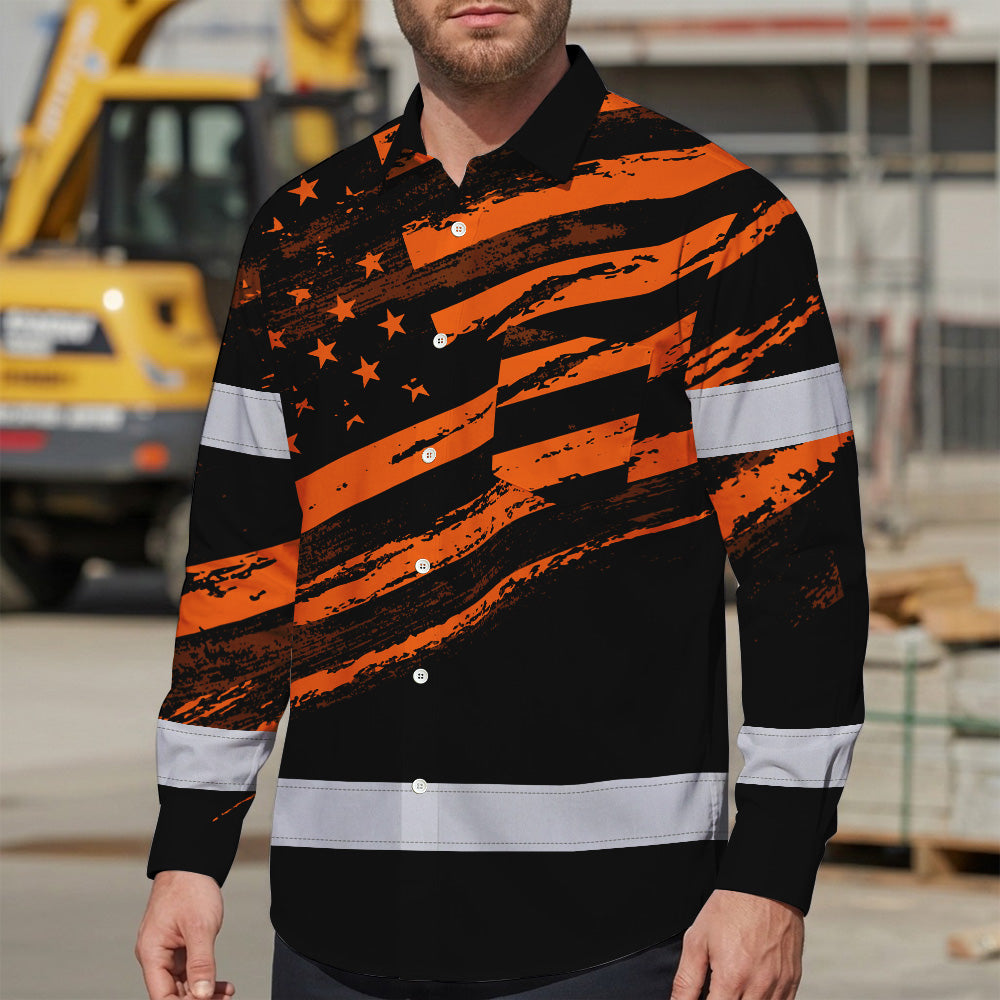 Hi Vis Hawaiian Long Sleeve Shirt Reflective Orange American Flag Custom Name Safety Workwear For Workers, Truckers, Operators