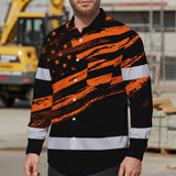 Hi Vis Hawaiian Long Sleeve Shirt Reflective Orange American Flag Custom Name Safety Workwear For Workers, Truckers, Operators