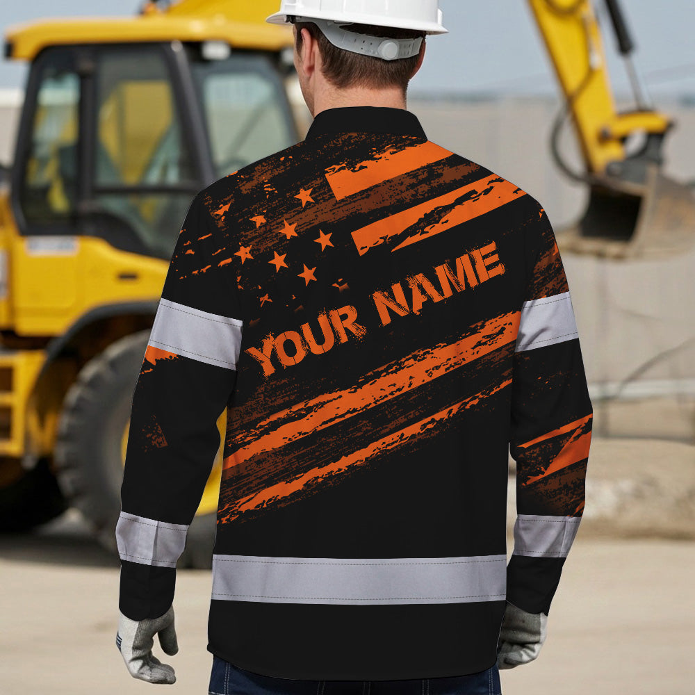 Hi Vis Hawaiian Long Sleeve Shirt Reflective Orange American Flag Custom Name Safety Workwear For Workers, Truckers, Operators