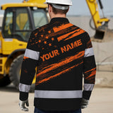 Hi Vis Hawaiian Long Sleeve Shirt Reflective Orange American Flag Custom Name Safety Workwear For Workers, Truckers, Operators