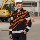 Hi Vis Hawaiian Long Sleeve Shirt Reflective Orange American Flag Custom Name Safety Workwear For Workers, Truckers, Operators