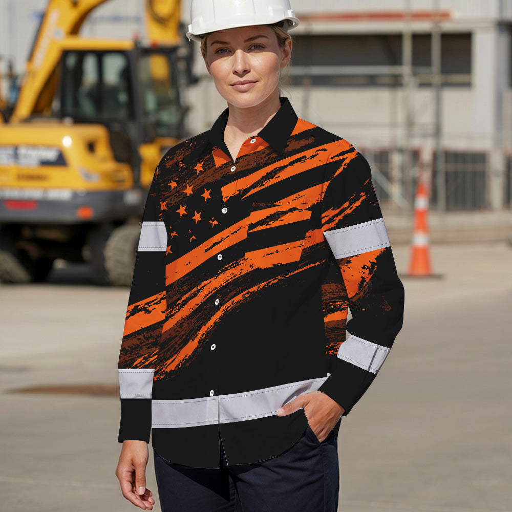 Hi Vis Hawaiian Long Sleeve Shirt Reflective Orange American Flag Custom Name Safety Workwear For Workers, Truckers, Operators
