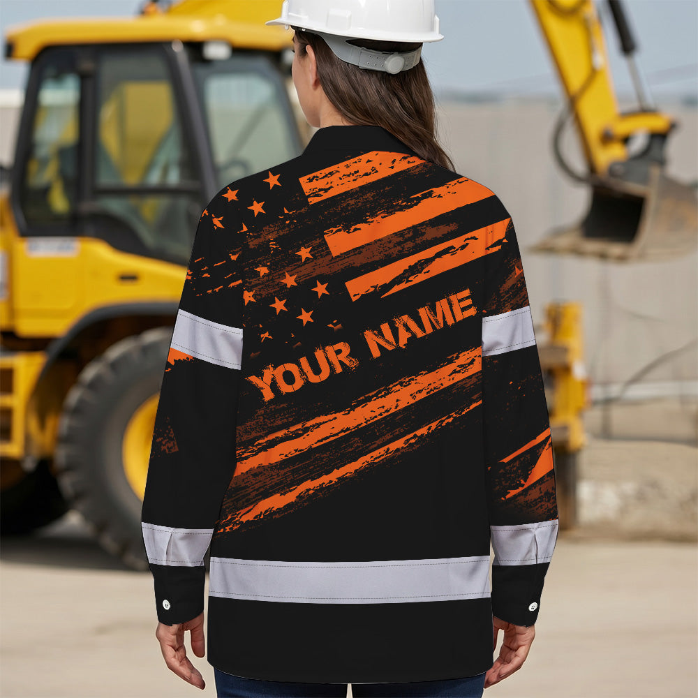 Hi Vis Hawaiian Long Sleeve Shirt Reflective Orange American Flag Custom Name Safety Workwear For Workers, Truckers, Operators