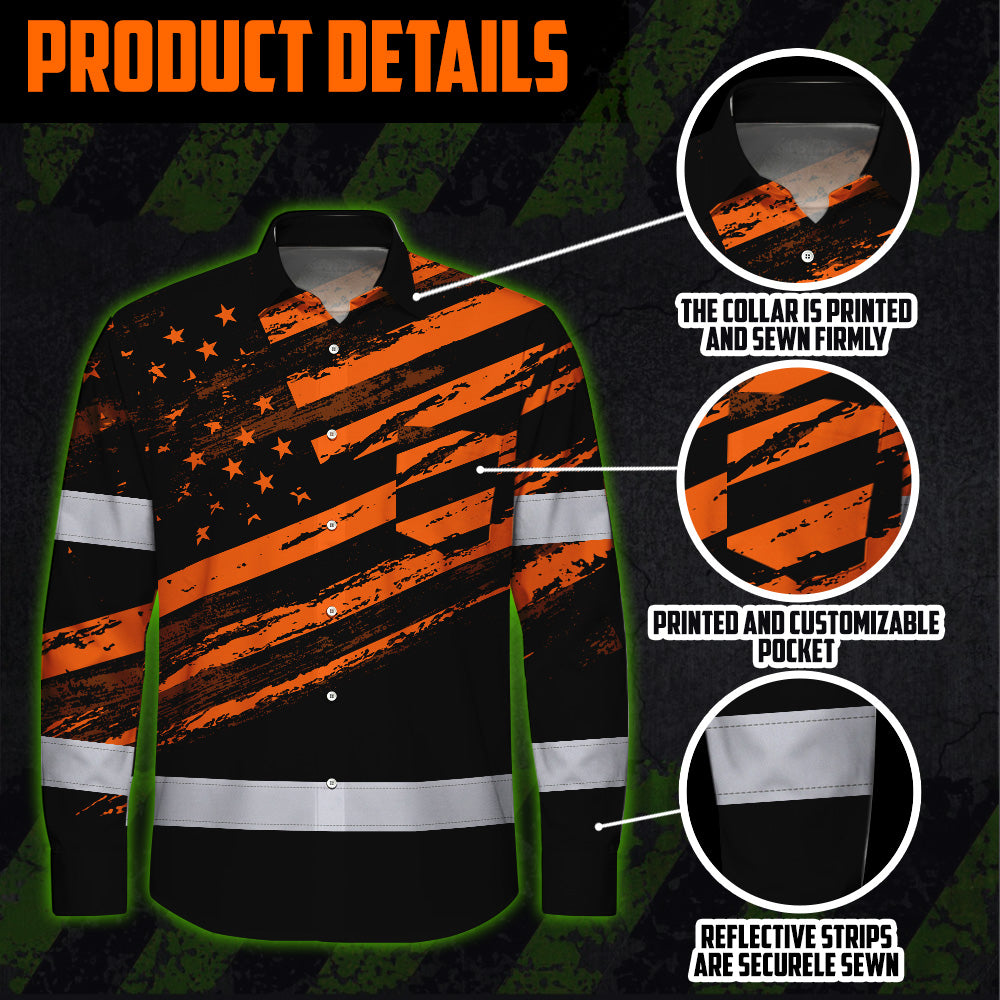 Hi Vis Hawaiian Long Sleeve Shirt Reflective Orange American Flag Custom Name Safety Workwear For Workers, Truckers, Operators