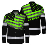 Hi Vis Hawaiian Long Sleeve Shirt Reflective Green Neon American Flag Custom Name Safety Workwear For Workers, Truckers, Operators