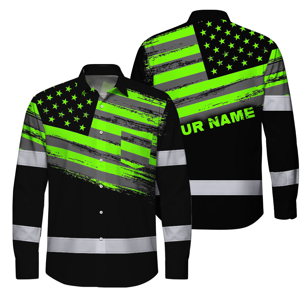Hi Vis Hawaiian Long Sleeve Shirt Reflective Green Neon American Flag Custom Name Safety Workwear For Workers, Truckers, Operators