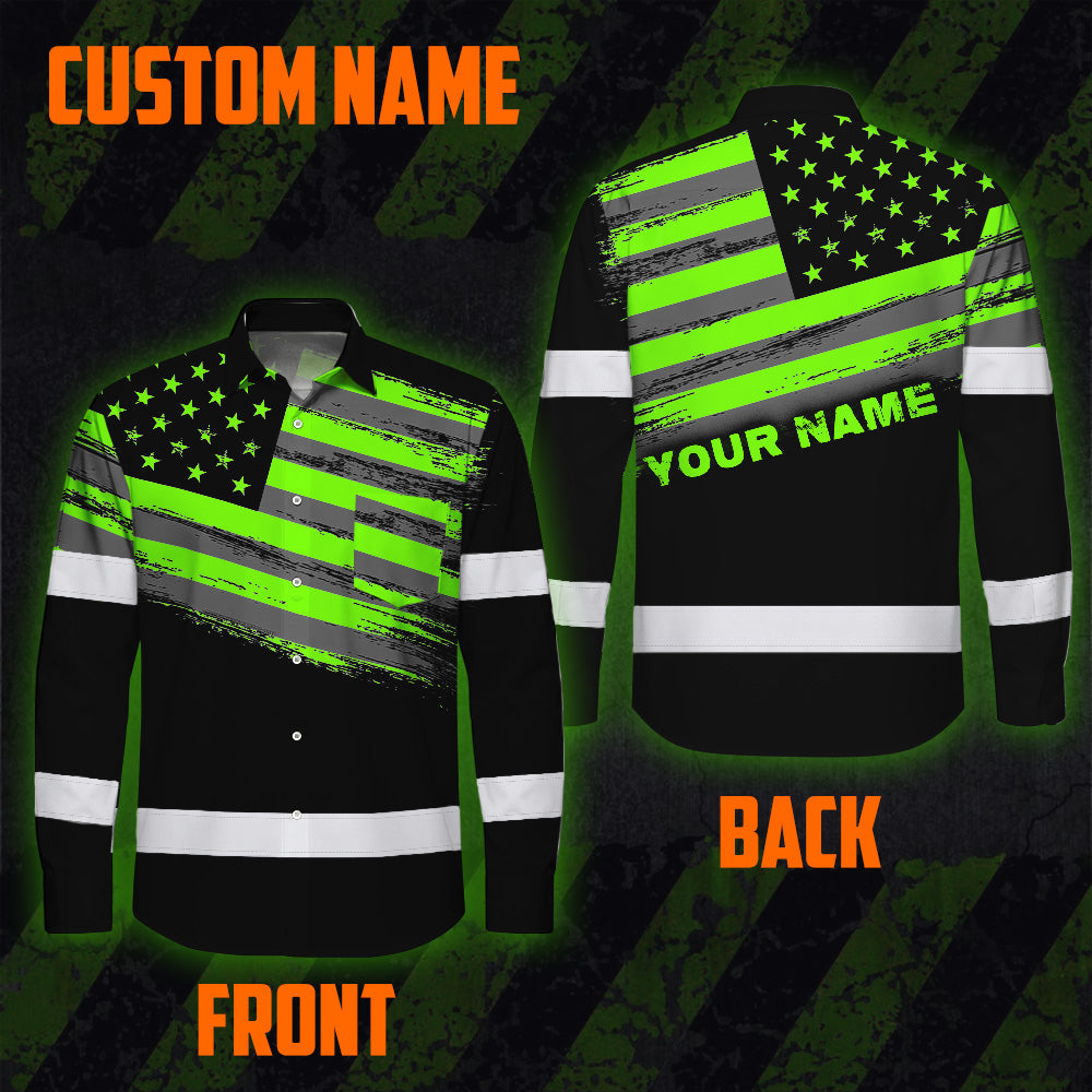 Hi Vis Hawaiian Long Sleeve Shirt Reflective Green Neon American Flag Custom Name Safety Workwear For Workers, Truckers, Operators