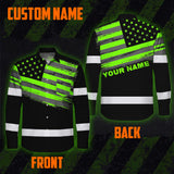 Hi Vis Hawaiian Long Sleeve Shirt Reflective Green Neon American Flag Custom Name Safety Workwear For Workers, Truckers, Operators