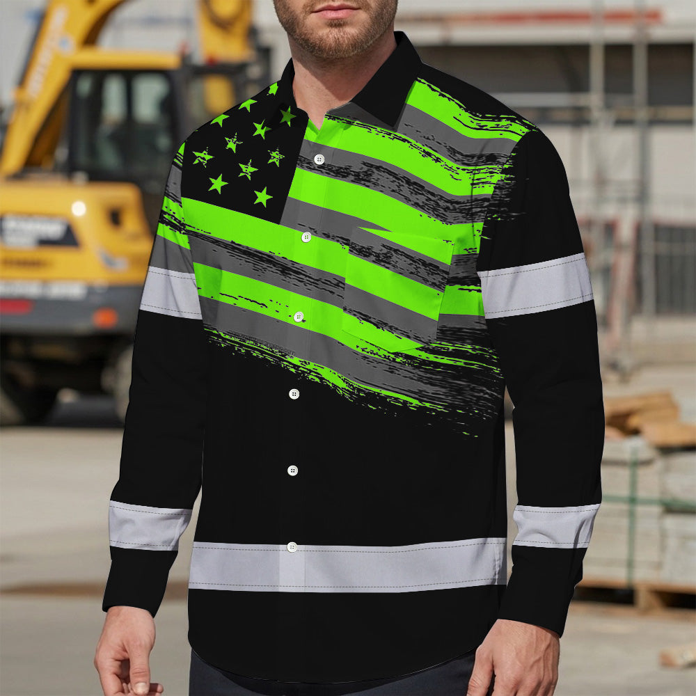Hi Vis Hawaiian Long Sleeve Shirt Reflective Green Neon American Flag Custom Name Safety Workwear For Workers, Truckers, Operators