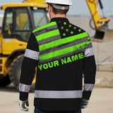 Hi Vis Hawaiian Long Sleeve Shirt Reflective Green Neon American Flag Custom Name Safety Workwear For Workers, Truckers, Operators