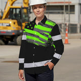Hi Vis Hawaiian Long Sleeve Shirt Reflective Green Neon American Flag Custom Name Safety Workwear For Workers, Truckers, Operators