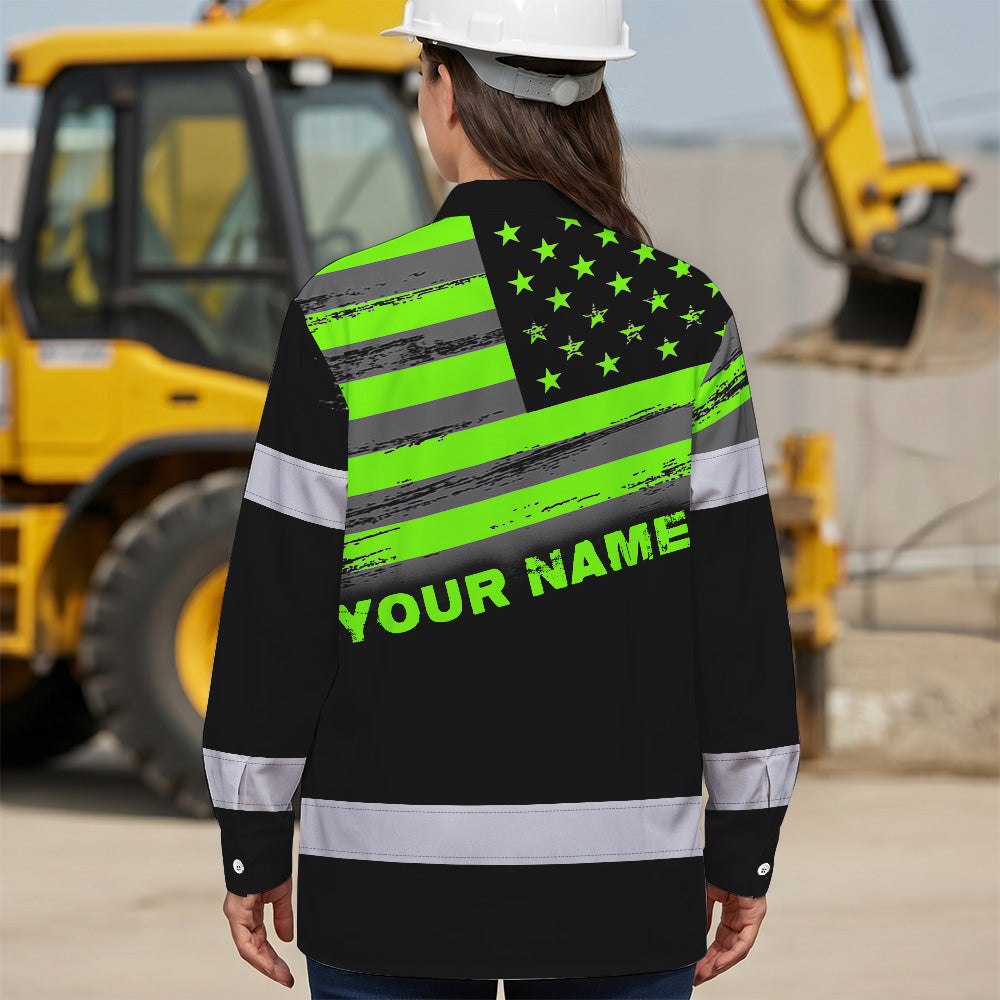 Hi Vis Hawaiian Long Sleeve Shirt Reflective Green Neon American Flag Custom Name Safety Workwear For Workers, Truckers, Operators