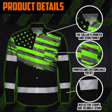 Hi Vis Hawaiian Long Sleeve Shirt Reflective Green Neon American Flag Custom Name Safety Workwear For Workers, Truckers, Operators
