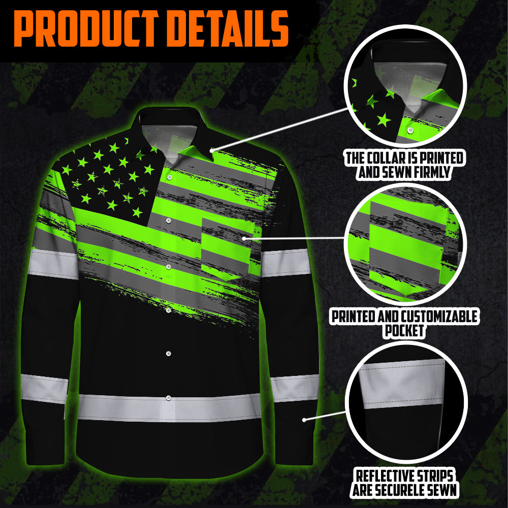 Hi Vis Hawaiian Long Sleeve Shirt Reflective Green Neon American Flag Custom Name Safety Workwear For Workers, Truckers, Operators