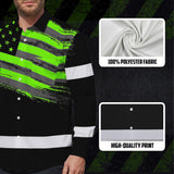 Hi Vis Hawaiian Long Sleeve Shirt Reflective Green Neon American Flag Custom Name Safety Workwear For Workers, Truckers, Operators