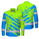 Hi Vis Hawaiian Long Sleeve Shirt Reflective Green And Blue American Flag Custom Name Safety Workwear For Workers, Truckers, Operators