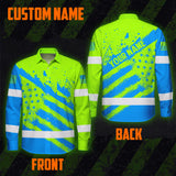Hi Vis Hawaiian Long Sleeve Shirt Reflective Green And Blue American Flag Custom Name Safety Workwear For Workers, Truckers, Operators