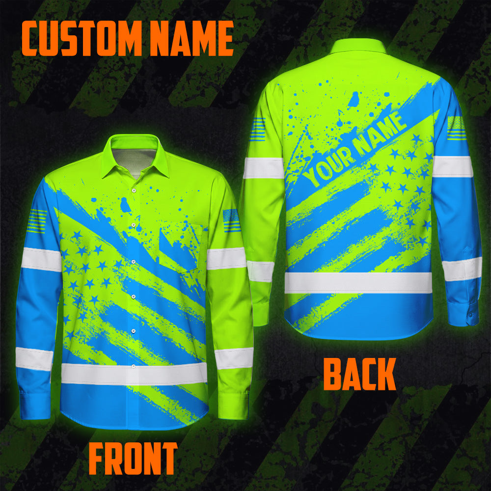 Hi Vis Hawaiian Long Sleeve Shirt Reflective Green And Blue American Flag Custom Name Safety Workwear For Workers, Truckers, Operators
