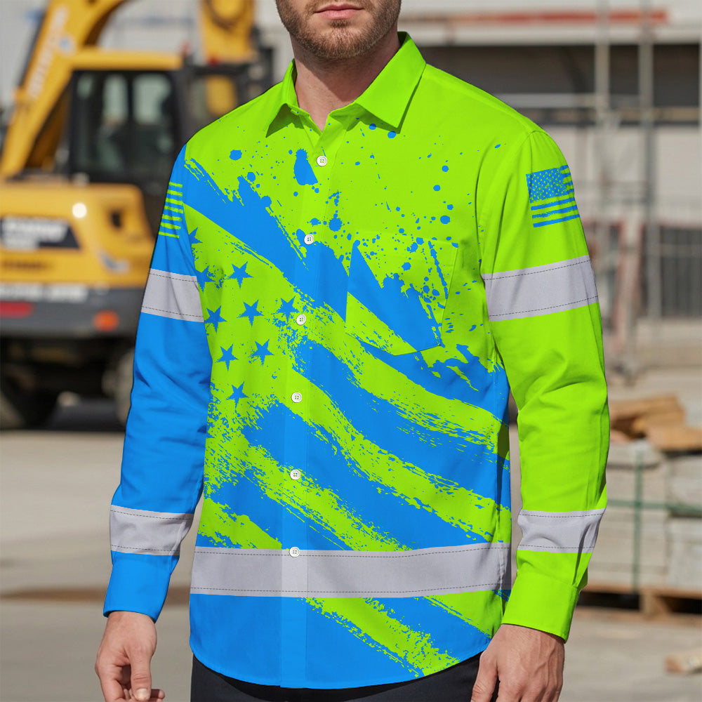 Hi Vis Hawaiian Long Sleeve Shirt Reflective Green And Blue American Flag Custom Name Safety Workwear For Workers, Truckers, Operators