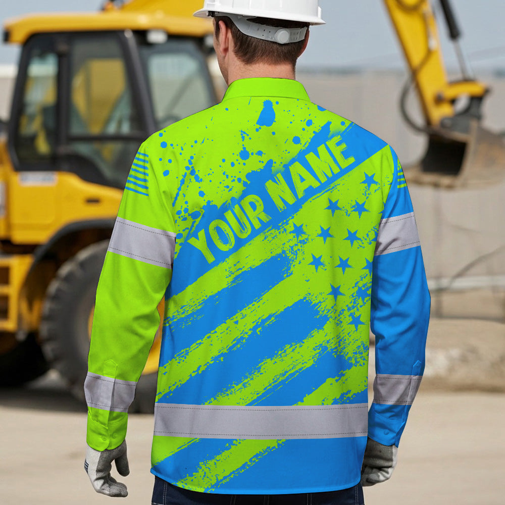 Hi Vis Hawaiian Long Sleeve Shirt Reflective Green And Blue American Flag Custom Name Safety Workwear For Workers, Truckers, Operators