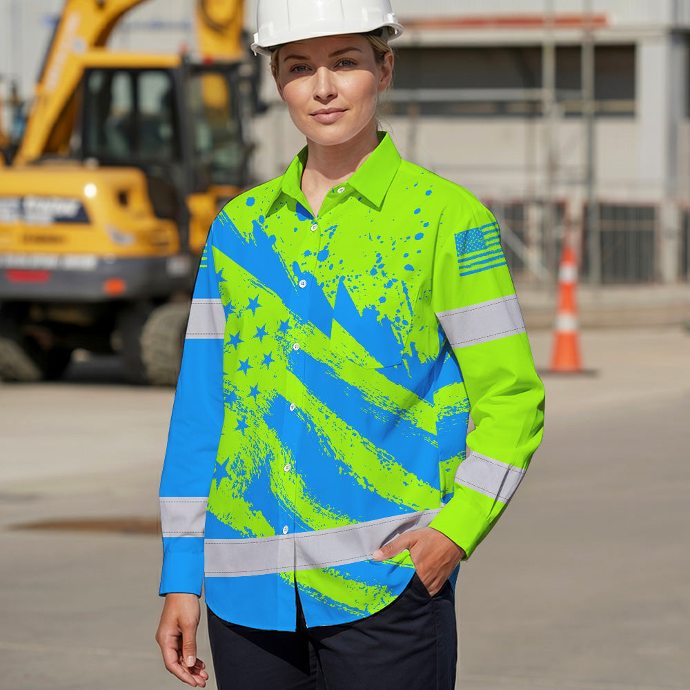 Hi Vis Hawaiian Long Sleeve Shirt Reflective Green And Blue American Flag Custom Name Safety Workwear For Workers, Truckers, Operators