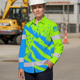 Hi Vis Hawaiian Long Sleeve Shirt Reflective Green And Blue American Flag Custom Name Safety Workwear For Workers, Truckers, Operators