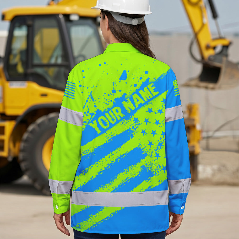 Hi Vis Hawaiian Long Sleeve Shirt Reflective Green And Blue American Flag Custom Name Safety Workwear For Workers, Truckers, Operators