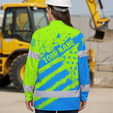 Hi Vis Hawaiian Long Sleeve Shirt Reflective Green And Blue American Flag Custom Name Safety Workwear For Workers, Truckers, Operators