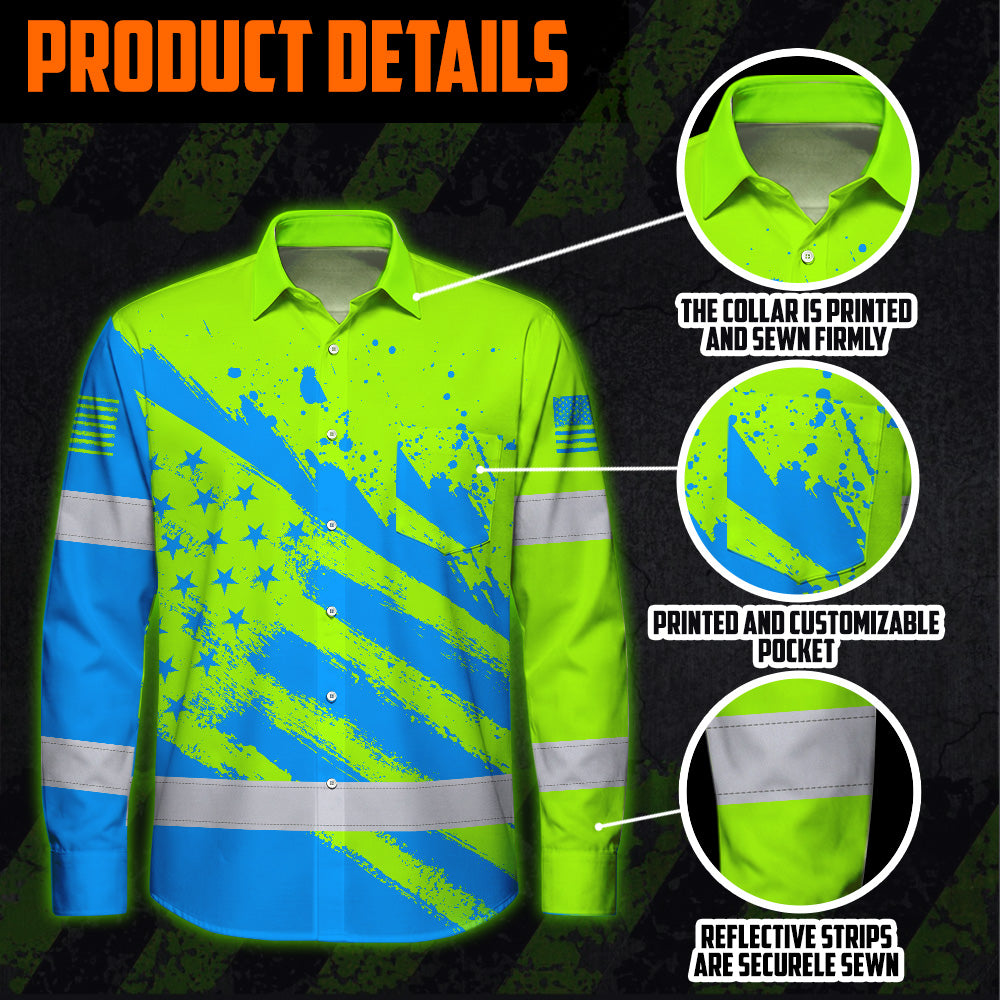 Hi Vis Hawaiian Long Sleeve Shirt Reflective Green And Blue American Flag Custom Name Safety Workwear For Workers, Truckers, Operators