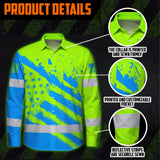 Hi Vis Hawaiian Long Sleeve Shirt Reflective Green And Blue American Flag Custom Name Safety Workwear For Workers, Truckers, Operators